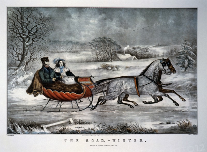 Couple Riding in Horse Drawn Sleigh, The Road, Winter, Currier & Ives, Lithograph, 1853