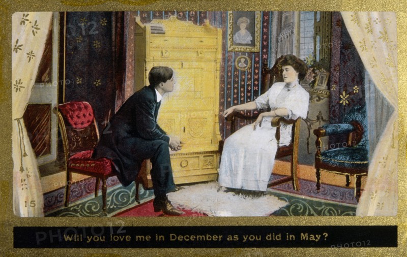 Couple Seated in Parlor, Will You Love Me in December as You did in May?, Postcard, circa 1910