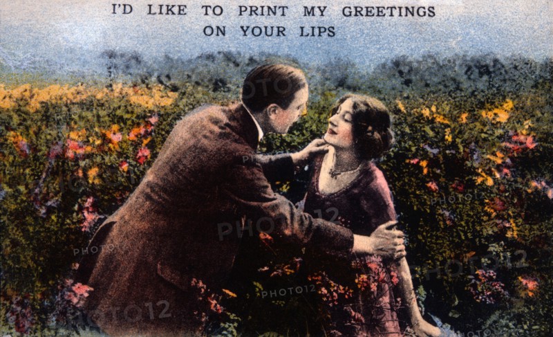 Man and Woman in Field of Flowers, I'd Like to Print my Greeting on Your Lips, Postcard, circa 1914