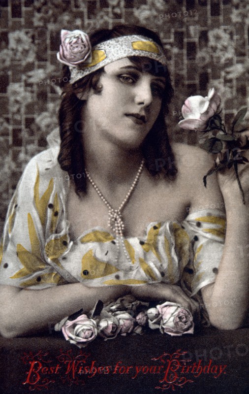 Woman with Roses, Birthday Greeting Card, circa 1910