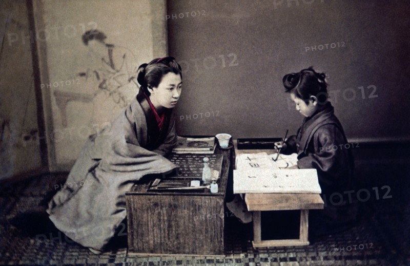 Japanese Mother Teaching Child Calligraphy, circa 1890