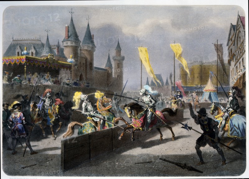 Henry II is Mortally Wounded by Montgomery, Tournament in Paris, France, Hand-Colored Engraving, June 25, 1559