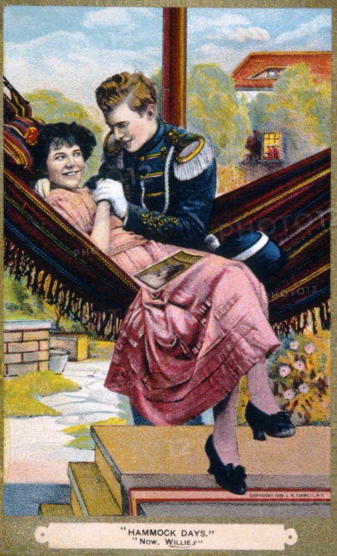 Couple Seated in Hammock, Hammock Days, Trade Card, circa 1909