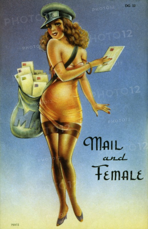 Sexy Woman Dressed as a Postman, Mail & Female, Pin-Up Card, 1940's