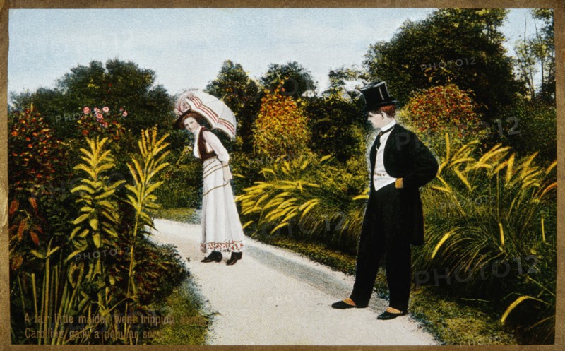 Couple Walking in Park, Postcard, 1910