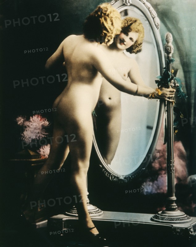Standing Nude Woman Looking into Full Length Mirror, Hand colored Photograph, circa 1927