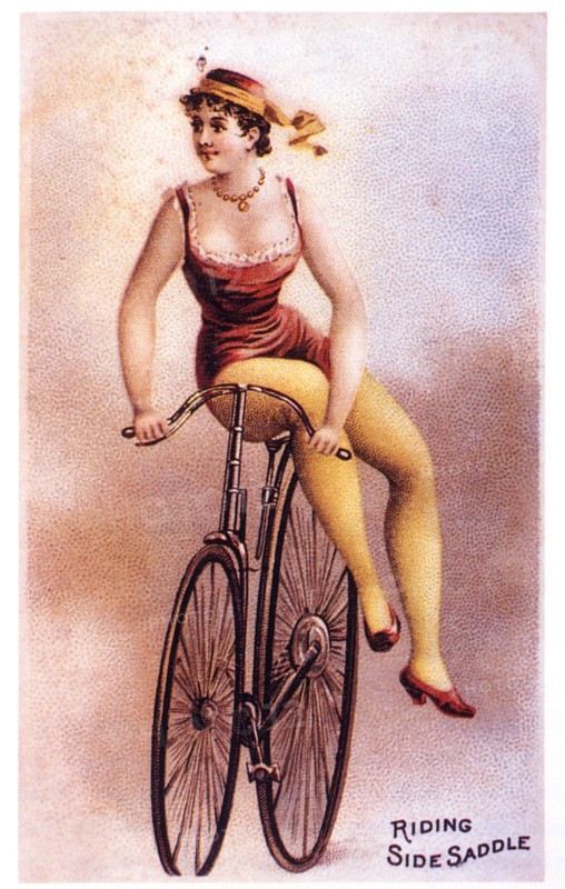 Woman Riding Bicycle Side Saddle, "Riding Side Saddle", The American Tobacco Company Trade Card, 1895