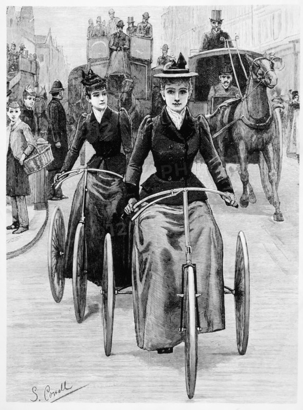 Women Riding Three Wheel Cycles in City Traffic, Engraving, 1880