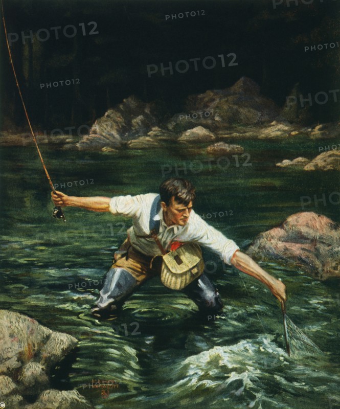 Man Fishing, "Landing the Trout", The Literary Digest, Lithograph, June 10, 1922