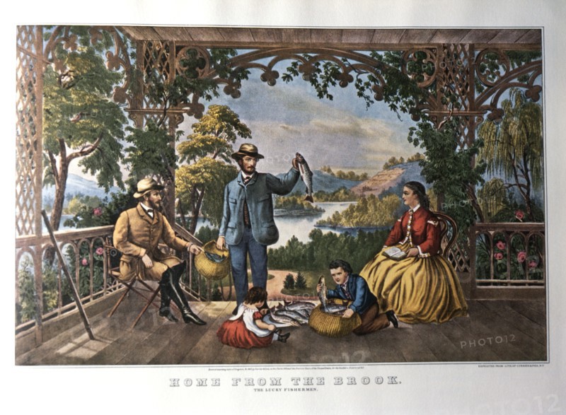 Father With Caught Fish Returning to Family on Porch, "Home from the Brook", Currier & Ives, Lithograph, 1867