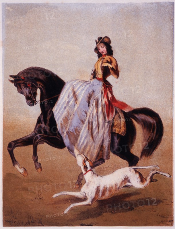 Woman Riding Side Saddle, Hand Colored Engraving, circa 1870