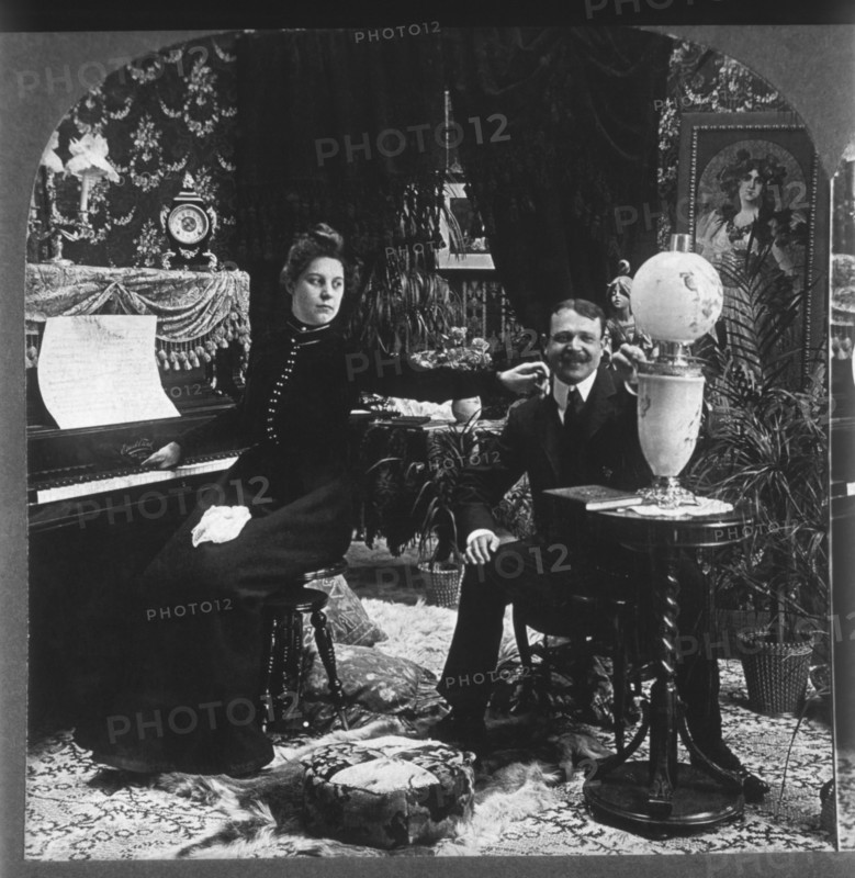 Man and Woman in Victorian Parlor, Single Image of Stereo Card, circa 1900