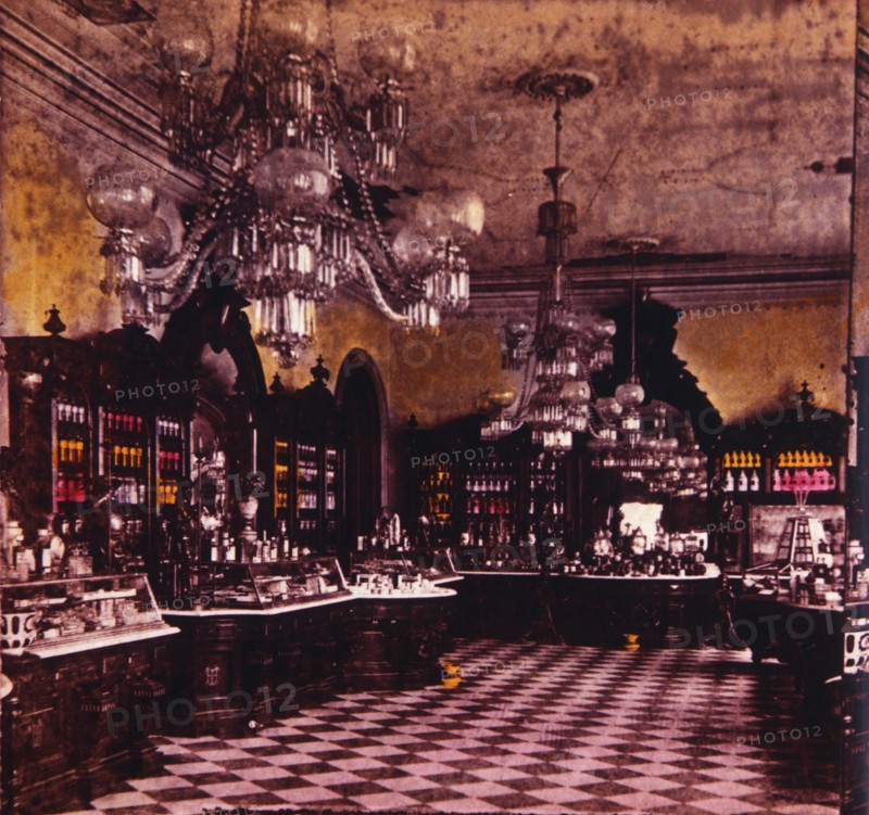 Drug Store, Gilsey House, Hand Colored Stereo Photograph, 1890