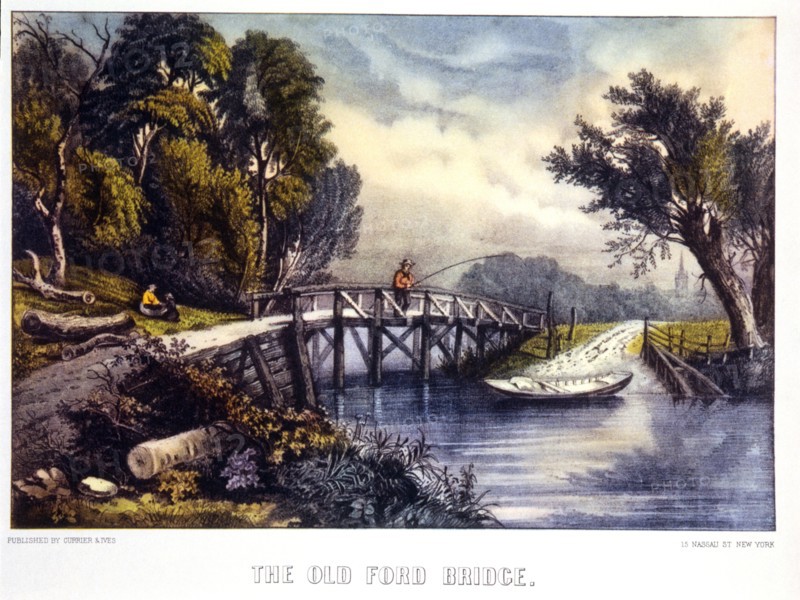 Old Ford Bridge, Currier & Ives, Lithograph