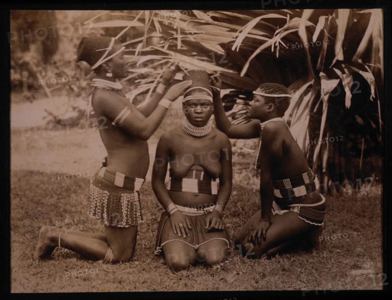 Preparing Headdress of Recently-Betrothed Zulu Woman, South Africa, circa 1890