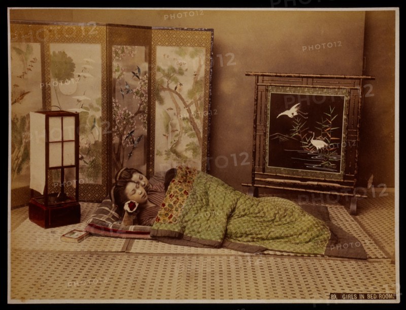 Two Japanese  Girls Sleeping in Bedroom, circa 1880