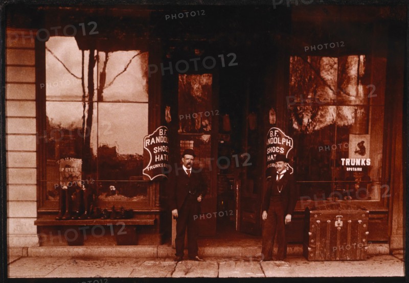 Two Men Standing in Front of Variety Store, Macomb, Illinois, USA, circa 1893