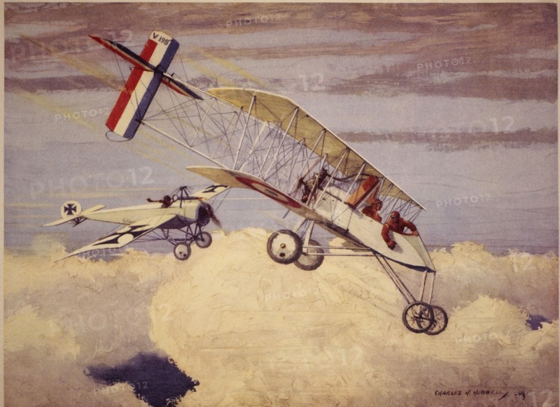 German Fokker Monoplane Attacking French Voisin Bi-Plane, circa 1915