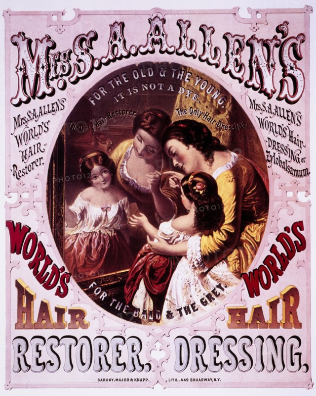Mother and Daughter Portrait, Mrs. A. Allen's World's Hair Restorer, Hair Dressing, Trade Card, 1860