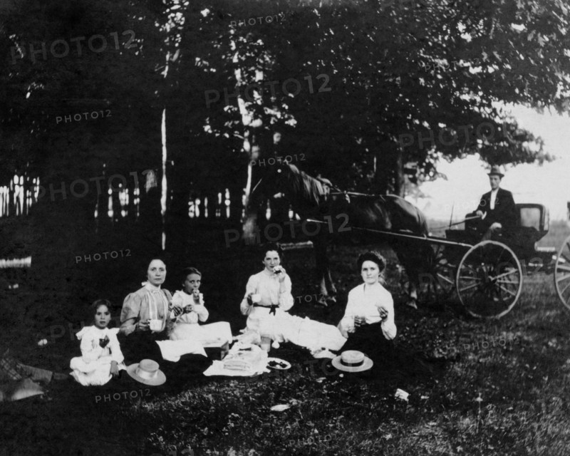 Women and Children at Picnic With Horse and Buggy in Background, USA, circa 1900