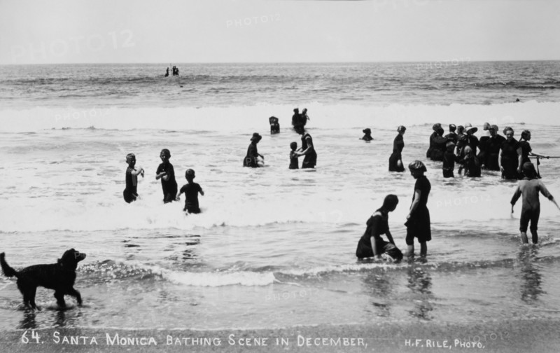 Group of People Wading in Pacific Ocean, Santa Monica, California, USA, circa 1890
