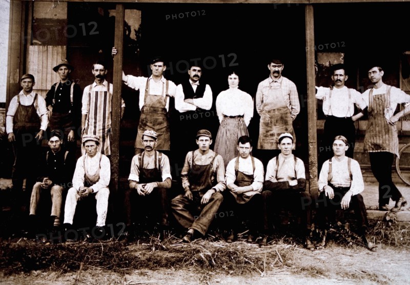 Group of Workers and Woman in Front of Building, Portrait, circa 1890