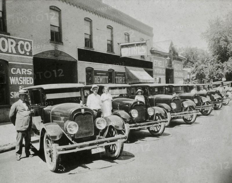People Posed With Row of Automobiles, USA, 1921
