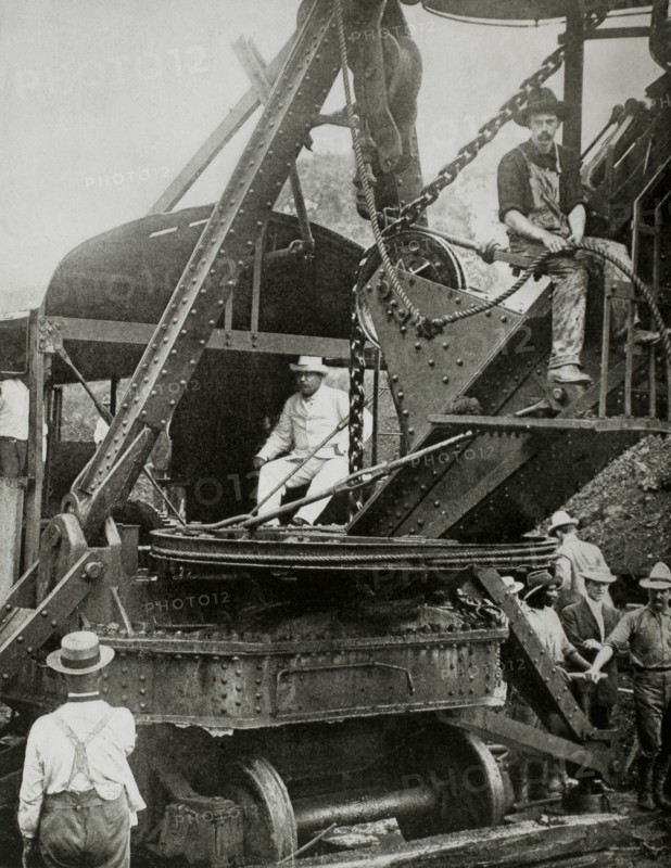 US President Theodore Roosevelt on Giant Steam Shovel at Culebra Cut During Construction of Panama Canal, 1906
