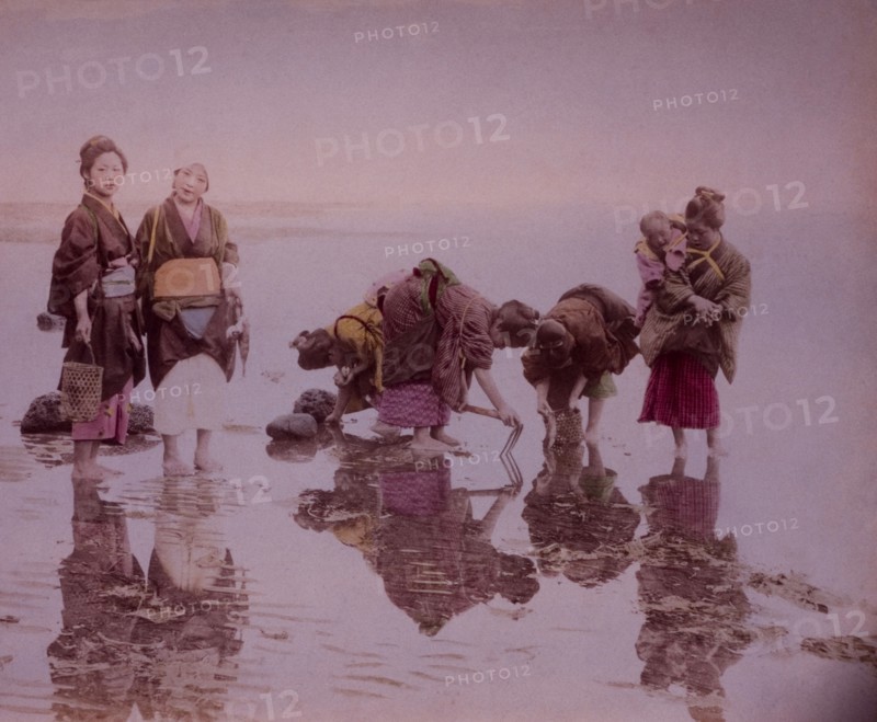 Japanese Women and Children Gathering Seashells on Beach, Japan, circa 1880