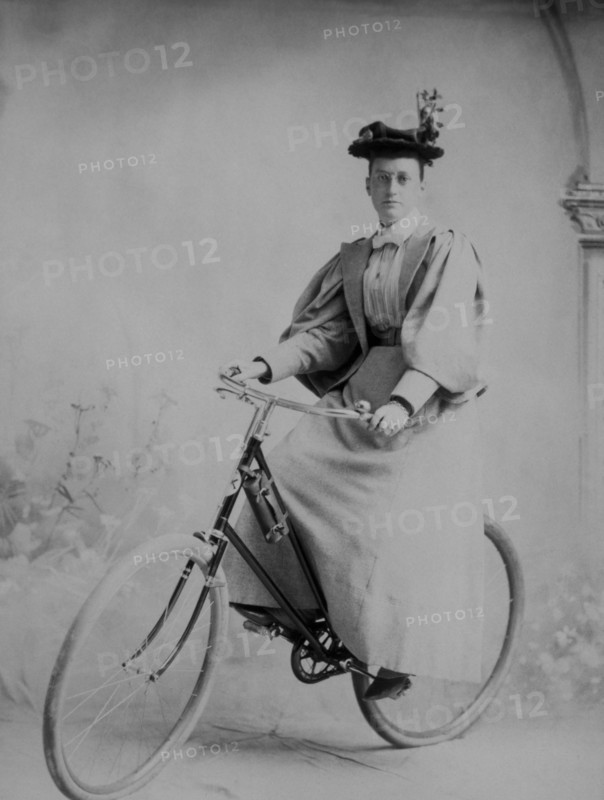 Woman on Bicycle, Studio Portrait, Wells River, Vermont, USA, circa 1890