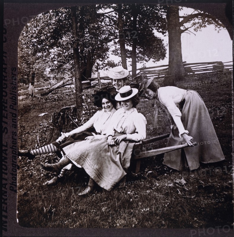 Group of Smiling Women in Wheel Barrow, Single Image of Stereo Card, circa 1905