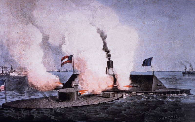 Terrific Combat between the "Monitor" 2 Guns and  "Merrimac" 10 Guns, Lithograph, Currier and Ives, 1862