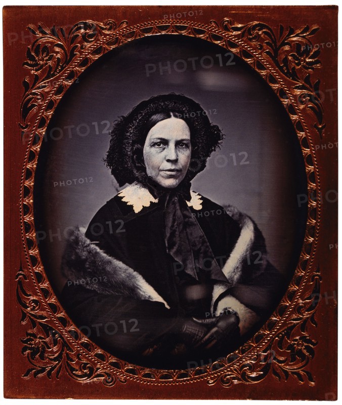 Middle-Aged Woman in Winter Cape and Fur Stole, Portrait, Daguerreotype, circa 1850's