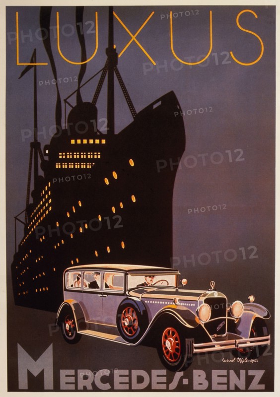 Cruise Ship and Automobile at Night, Mercedes-Benz Advertisement, circa 1929