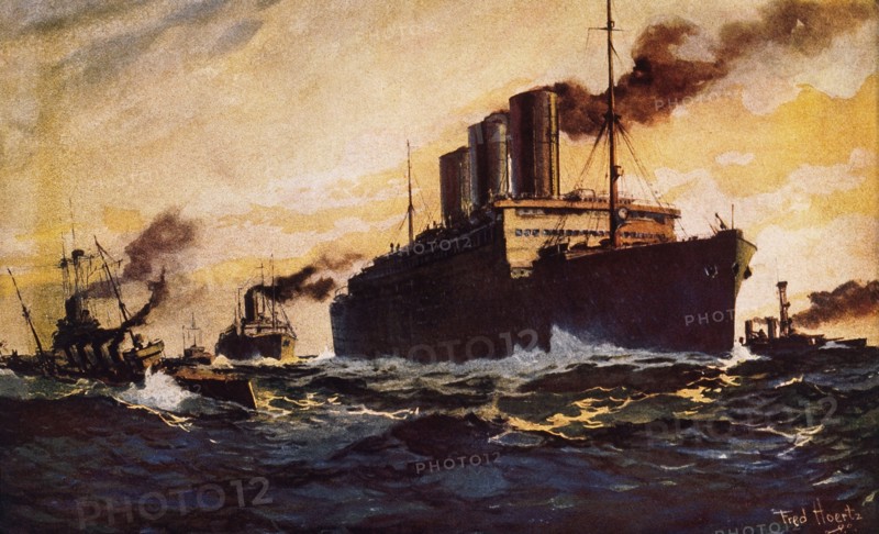World War I Transports with U.S. Troops Sail for England Escorted by U.S Navy Destroyers, Painting by Fred Hoertz, USA, circa 1918