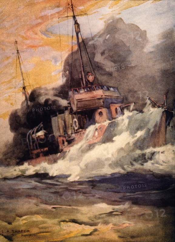 World War I American Destroyer Laying Smoke Screen in North Atlantic Ocean, Illustration by LA Shafer, USA, Painting, circa 1917