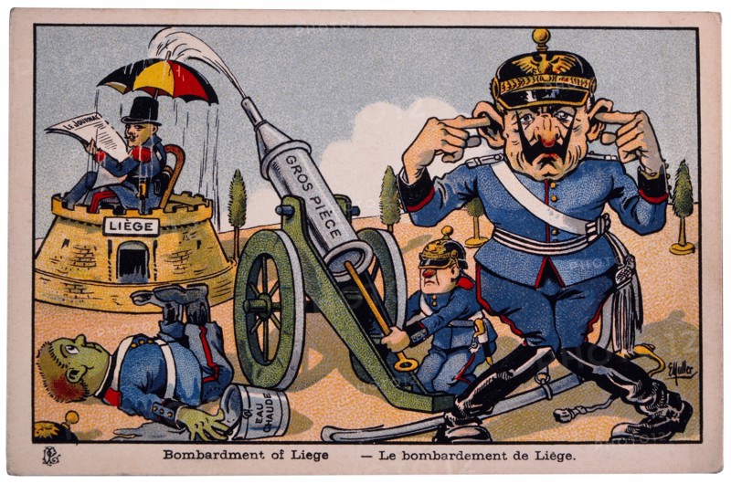 World War I French Satirical Card, Bombardment of Liege, circa 1918