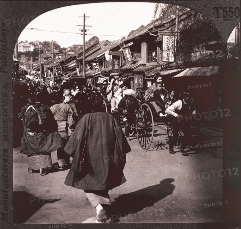 Crowded Street Scene, Yokohama, Japan, Single Image of Stereo Card, circa 1905