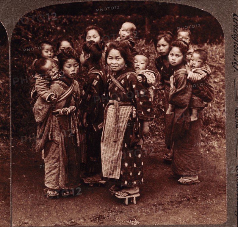 Group of Sisters Carrying Baby Brothers, Yokohama, Japan, Single Image of Stereo Card, circa 1904