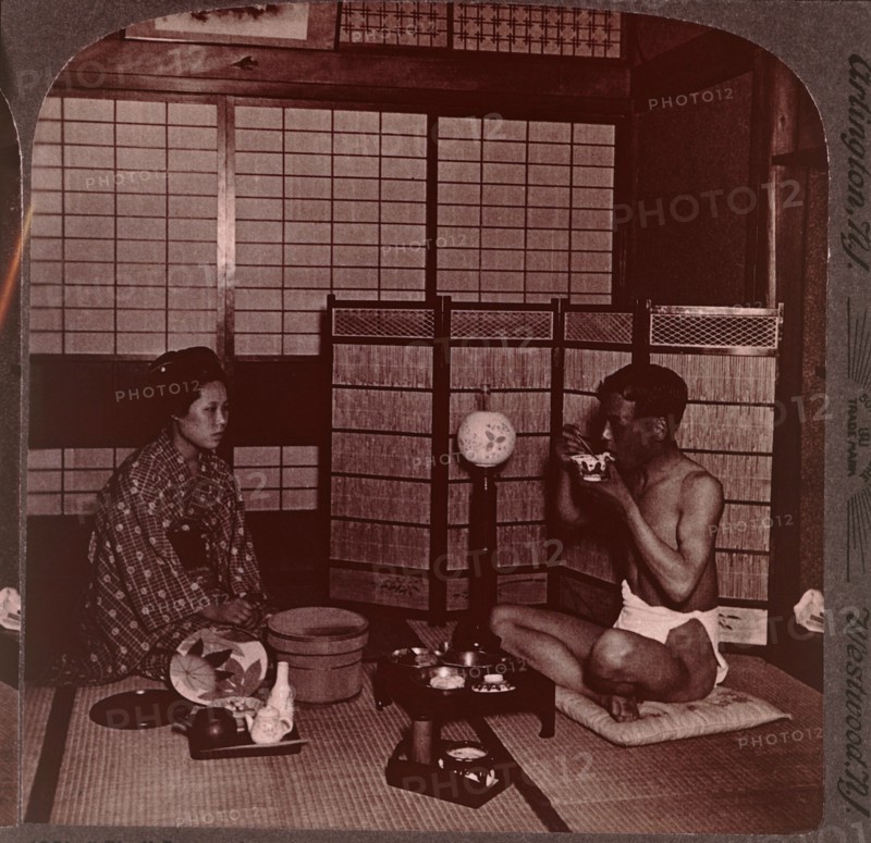 Man Eating Evening Meal at Inn, near Hiroshima, Japan, Single Image of Stereo Card, circa 1904