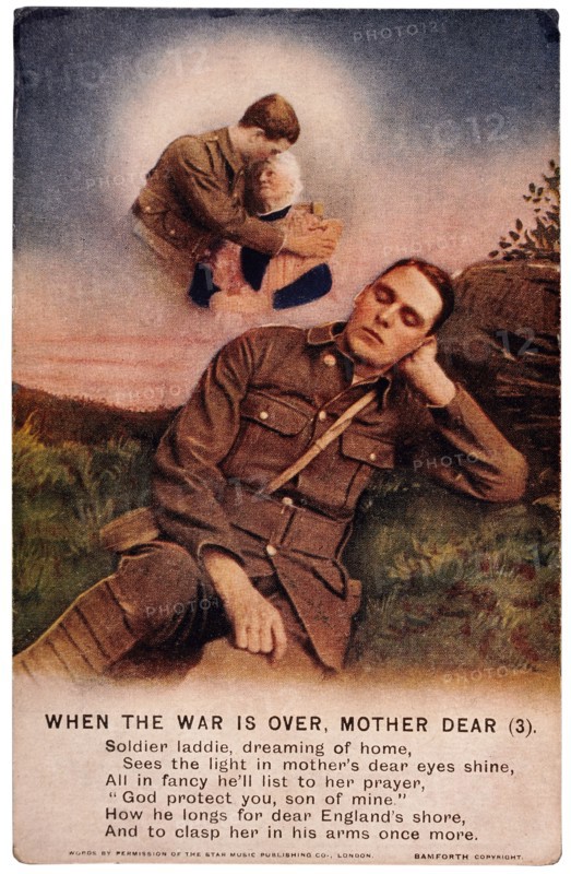 World War I Poster, English Soldier in France with Music Lyrics, When the War is Over Mother Dear, circa 1914