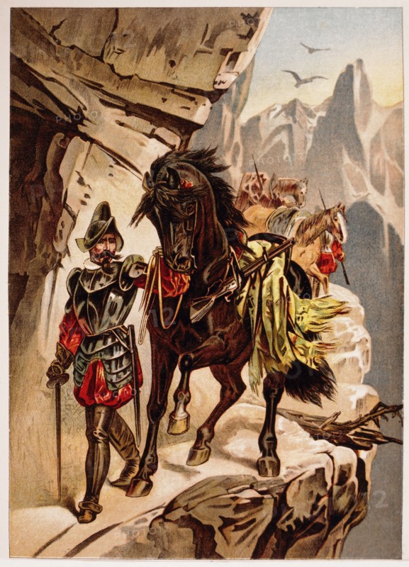 Hernando Pizarro Crossing the Andes, 1532, Chromolithograph, 1892
