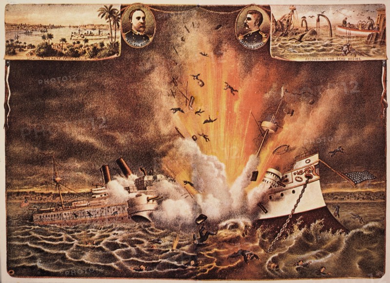 Destruction of Battleship Maine in Havana Harbor, February 15, 1898 With Head-and-Shoulders Portraits of Admiral Sicard and Captain Sigsbee, Chromolithograph, Kurz and Allison, 1898