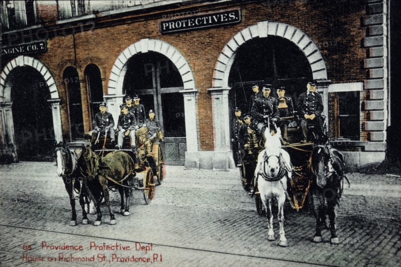 Firemen on Horse-Drawn Fire Trucks in Front of Firehouse, Providence, Rhode Island, USA, Hand-Colored Photograph, 1902
