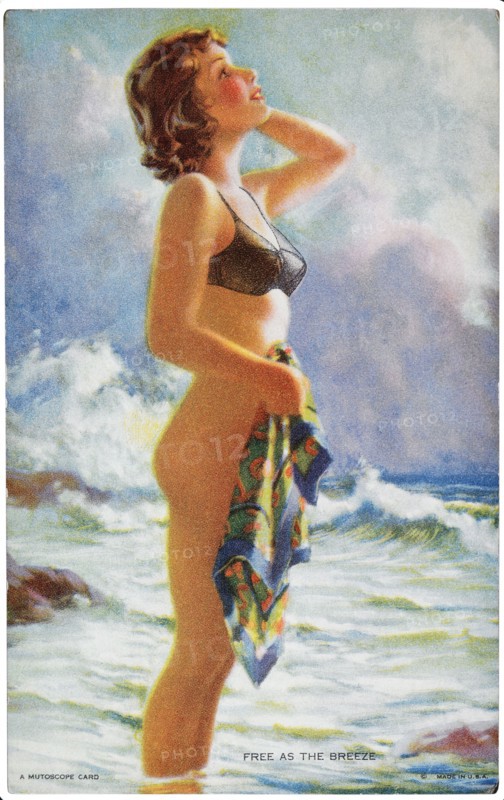 Partially Nude Woman Standing on Beach, "Free as the Breeze", Mutoscope Card, 1940's