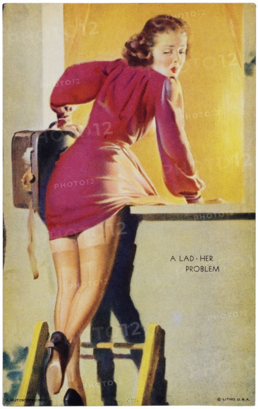 Sexy Woman with Suitcase Climbing out of Window onto Ladder, "A Lad-Her Problem", Mutoscope Card, 1940's