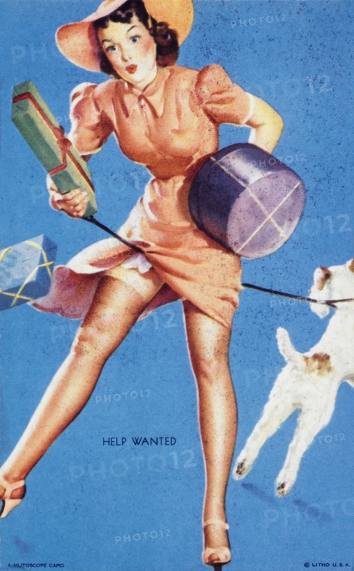 Sexy Woman Tangled in Dog Leash While Holding Gift Boxes, "Help Wanted", Mutoscope Card, 1940's