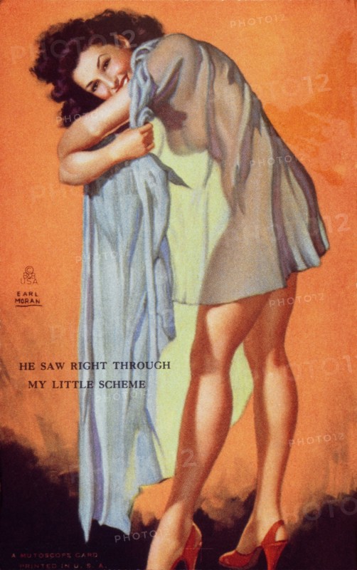Sexy Woman Wearing See-Through Lingerie, "He Saw Right Through my Little Scheme", Mutoscope Card, 1940's