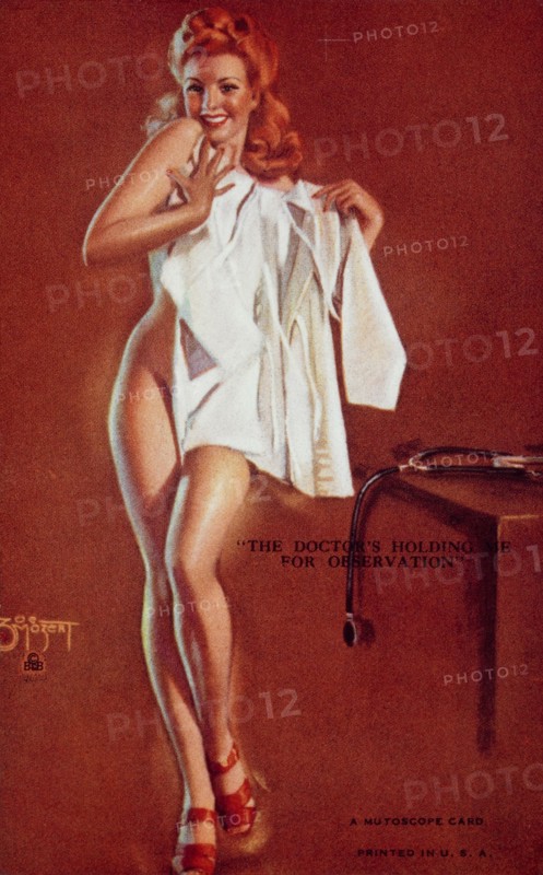 Sexy Nude Woman Holding Doctor's White Coat Against Her, "The Doctor's Holding Me For Observation", Mutoscope Card, 1940's