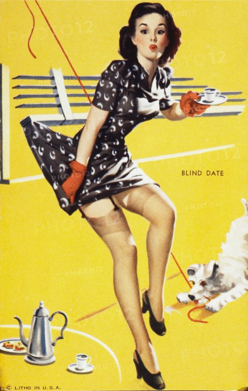 Dog Lifting Sexy Woman's Skirt by Raising Window Blind, "Blind Date", Mutoscope Card, 1940's
